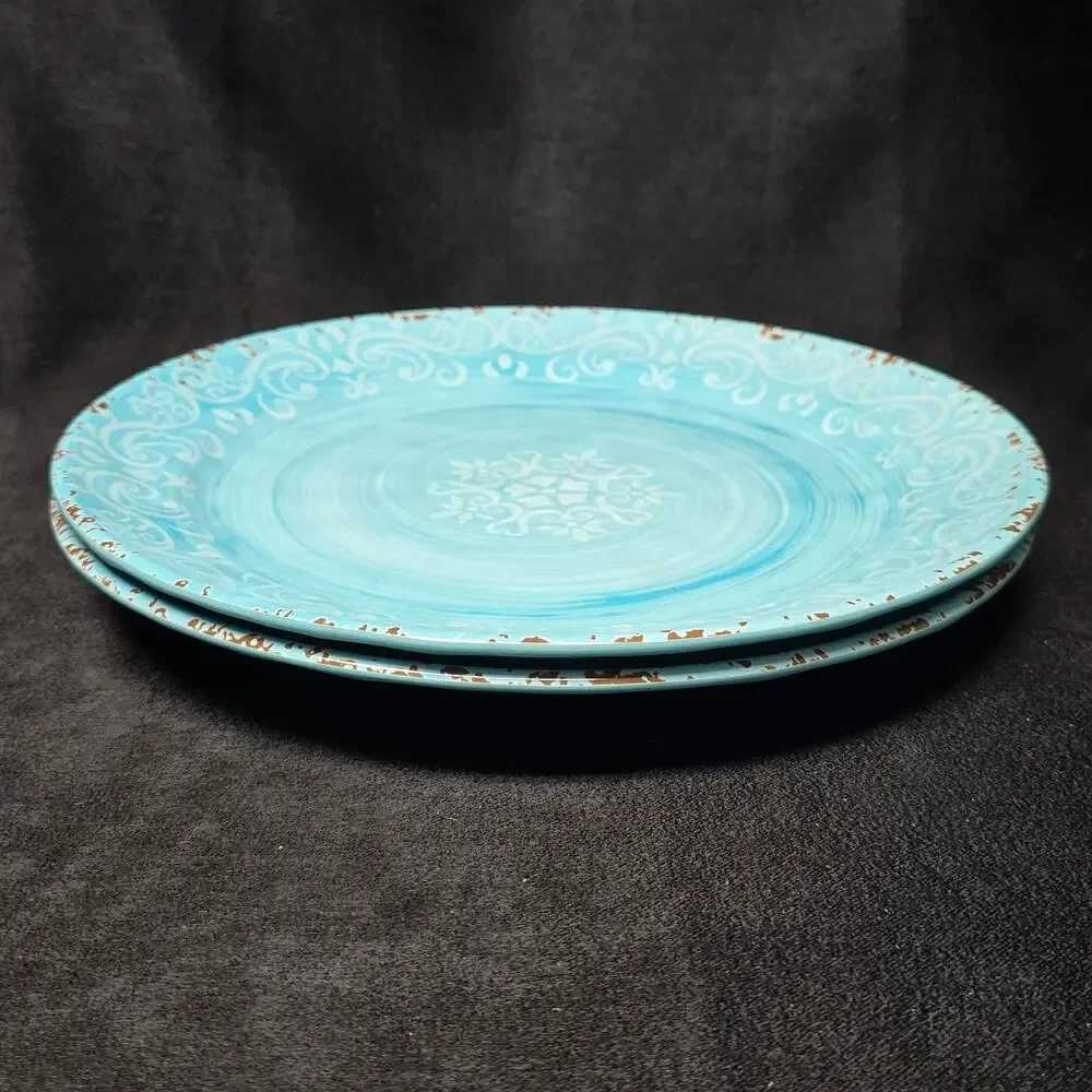Cynthia Rowley Melamine Blue Rustic Crackle Scroll Dinner Plates 11